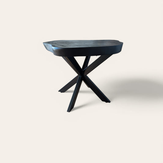 Table à manger à pied central métal noir et plateau bois brulé