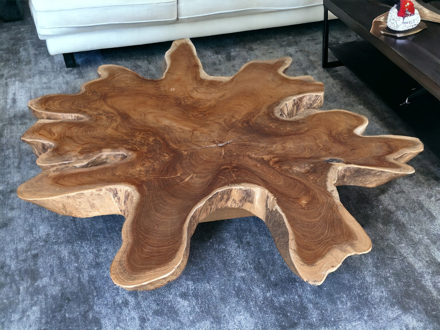 Table basse tranche de teck et pieds métal