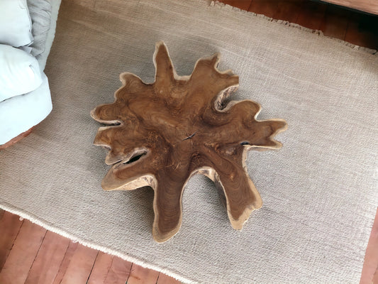 Table basse tranche de teck et pieds métal