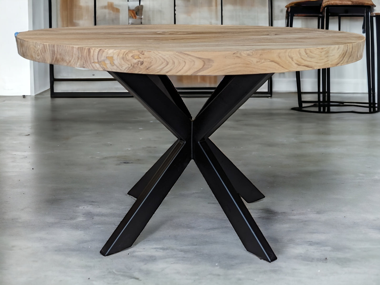 Table ronde plateau teck et pieds métal noir